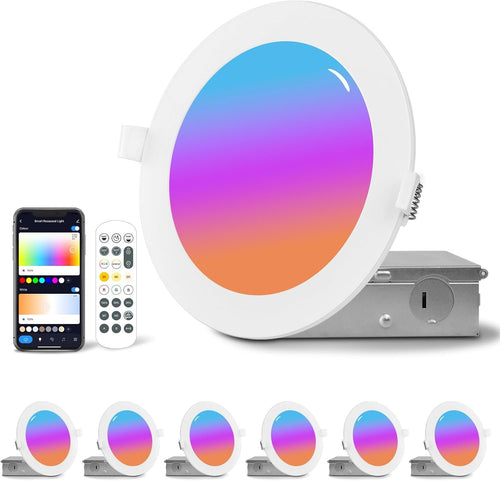 6Pack Smart led RGB Recessed Lighting 6Inch,Color Changing Canless LED Downlight with Remote Control,2700K-6500K,2.4GHz Wi-Fi Bluetooth 12W 1200lm,Work with Tuya App,Alexa & Google Assistant