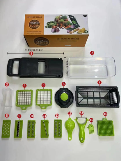 Hovello Vegetable Chopper 16 in 1 - Cutter Mandoline Slicer Cheese Grater - Food Onion Salad Veggie Chopper with Container - French Fry Potato Dicer Slicer Cutter - Kitchen Tools Gadgets