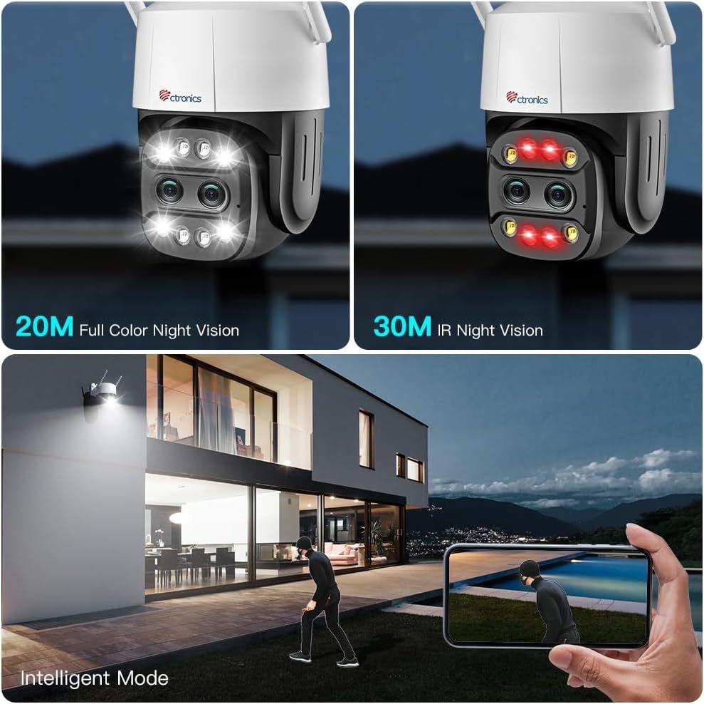 ctronics Dual Lens Security Camera Outdoor with 6X Hybrid Zoom, 360Â° CCTV Camera, 1080P PTZ IP Home Security WiFi Camera, Human Detection, Auto Tracking, Color Night Vision, Siren, 2-Way Audio, IP66