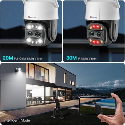 ctronics Dual Lens Security Camera Outdoor with 6X Hybrid Zoom, 360Â° CCTV Camera, 1080P PTZ IP Home Security WiFi Camera, Human Detection, Auto Tracking, Color Night Vision, Siren, 2-Way Audio, IP66
