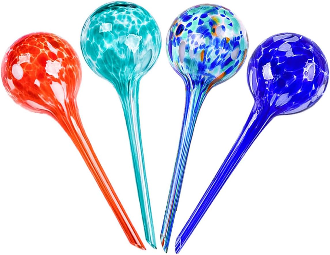 Sarini 4 Pcs Plant Watering Globes Stakes,Self Watering Feeding System,Hand-Blown Colorful Glass Plant Watering Devices,Automatic Waterers Aqua Ball Drip Feeders