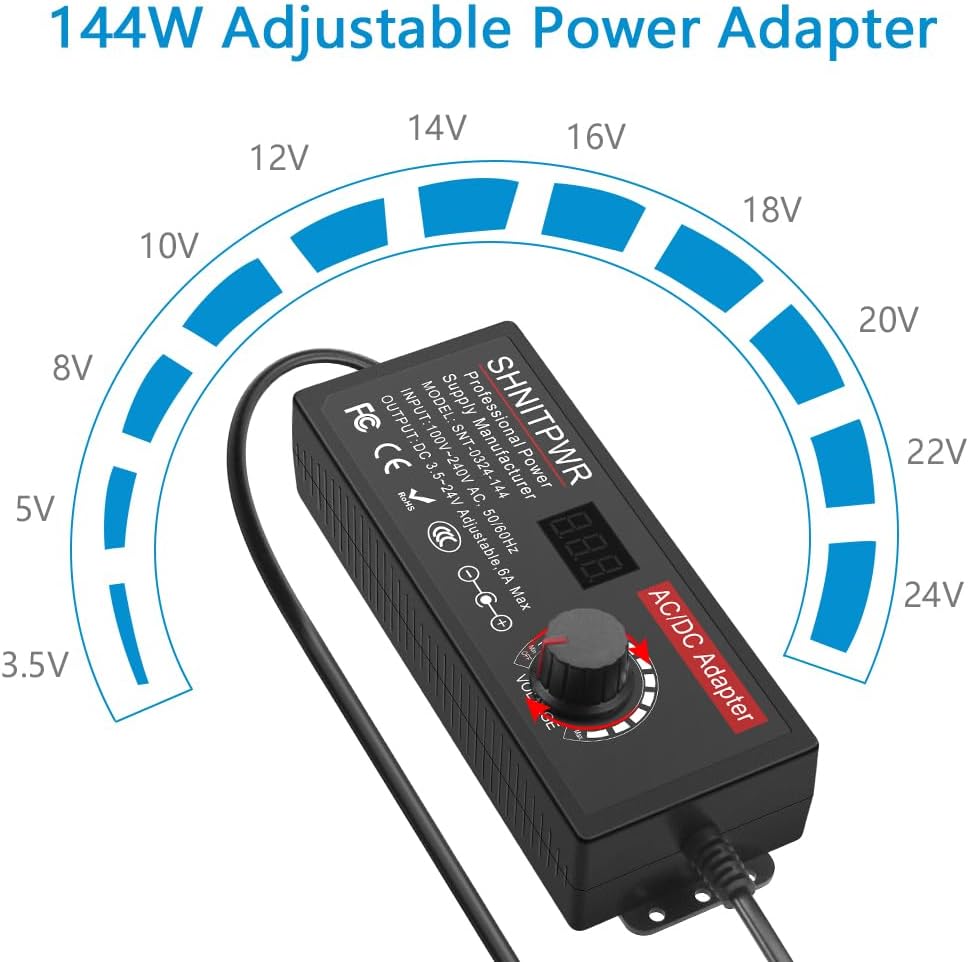 SHNITPWR Universal Power Supply 3.5-24V 144W DC 24V 19V 14V 12V 9V 6V 5V 3.5V 6A Adjustable AC/DC Power Adapter with 14 Tips and Polarity Cable for Home Electronics