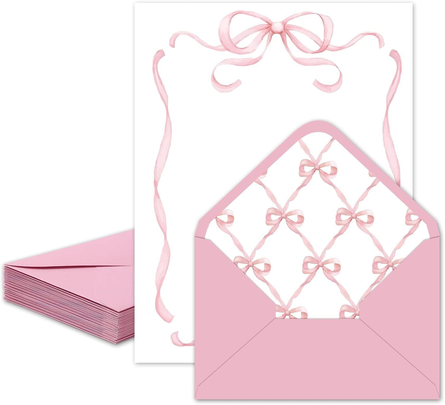 Whaline 60 Pink Bow Stationery Paper Set Cute Bow Knot Letter Writing Paper with Envelopes for Greeting Card Invitation Office Printing, 8.5 x 11 Inch