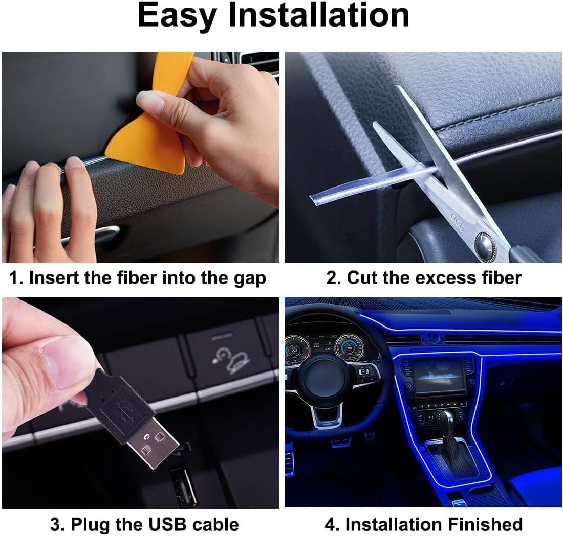 EL Wire Car Interior LED Strip Lights, 16FT USB Powered Neon Ambient Light Kits for Auto Indoor Gap Decorations Dashboard Accessories.(Ice Blue)