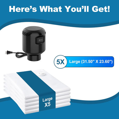 GGH 5 Pack Vacuum Storage Bags with Electric Pump, Large Vacuum Seal Bags for Clothing, Comforters, Blankets - Space Saver Compression Bags for Travel & Home Organization