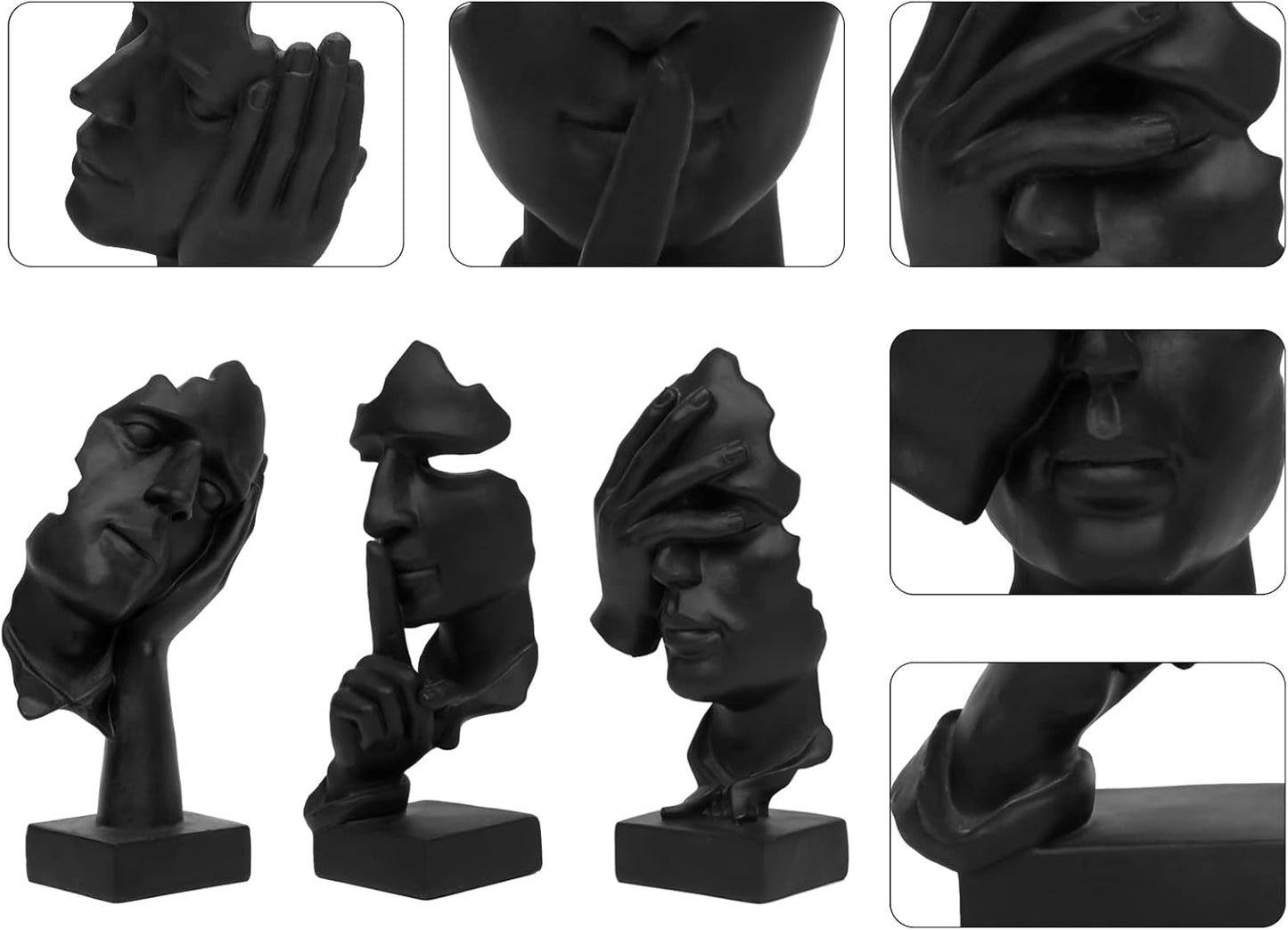 prosfalt 3 Pcs Thinker Statue, Silence is Gold Abstract Art Figurine, No Hear No See No Speak Modern Home Resin Sculptures Decorative Objects Decor for Home Office Bookshelf Desktop(Black) (A-41)