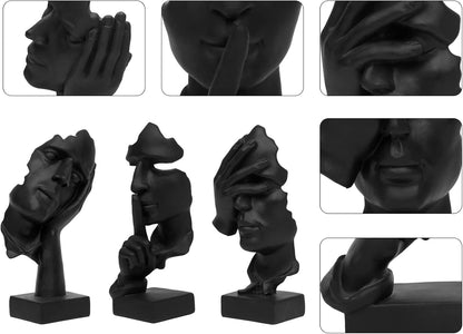 prosfalt 3 Pcs Thinker Statue, Silence is Gold Abstract Art Figurine, No Hear No See No Speak Modern Home Resin Sculptures Decorative Objects Decor for Home Office Bookshelf Desktop(Black) (A-41)