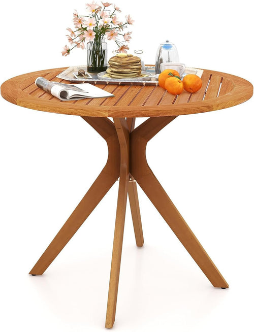 DORTALA Patio Wood Round Dining Table, 35.5" Eucalyptus Wood Table for 4-Person with Slatted Tabletop & Curved Legs for Backyard, Garden, Poolside