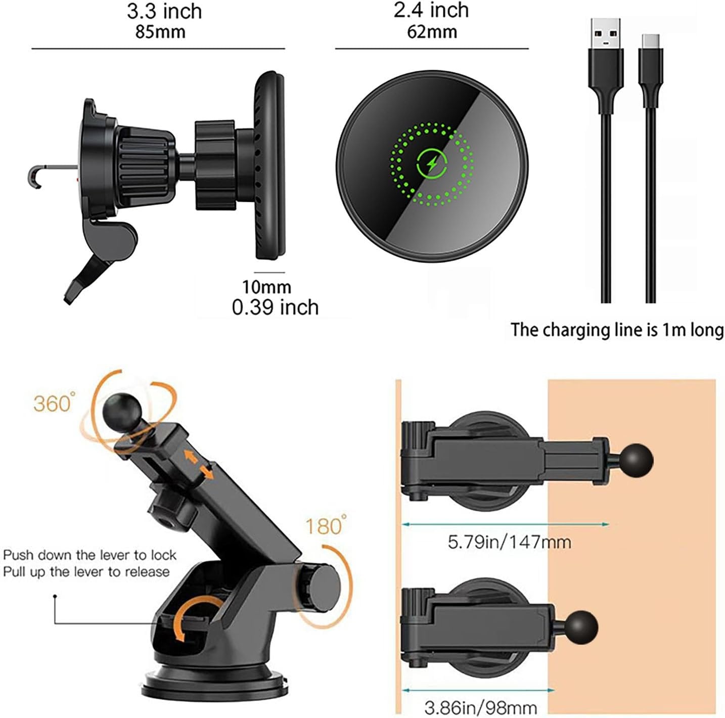 Magnetic Wireless Car Charger Mount 15W Car Phone Holder Compatibl with iPhone 12-16 Series,Vent Windshield Dash Mount Phone Charger Holder Mount (Black Magnetic)