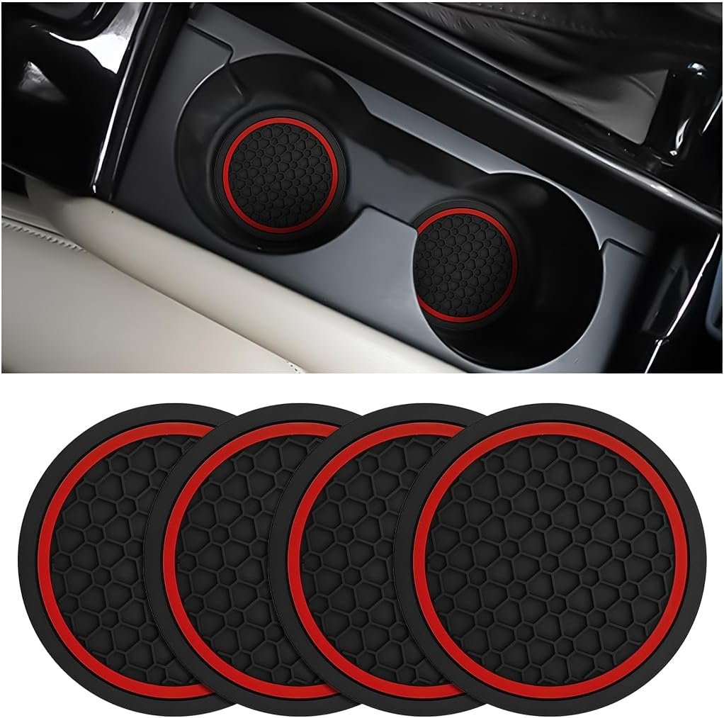 XINLIYA 4PCS Car Cup Holder Coasters, Dustproof Automotive Interior Accessories Mat, Non-Slip Insert Water Bottle Holder Pads, 2.75 Inch Universal for Vehicles, Trucks, RVs and More（Black/Red）