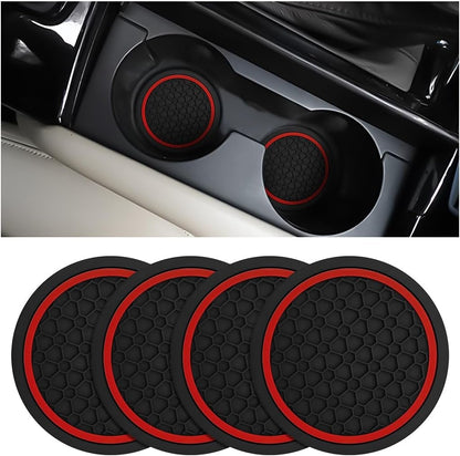 XINLIYA 4PCS Car Cup Holder Coasters, Dustproof Automotive Interior Accessories Mat, Non-Slip Insert Water Bottle Holder Pads, 2.75 Inch Universal for Vehicles, Trucks, RVs and More（Black/Red）