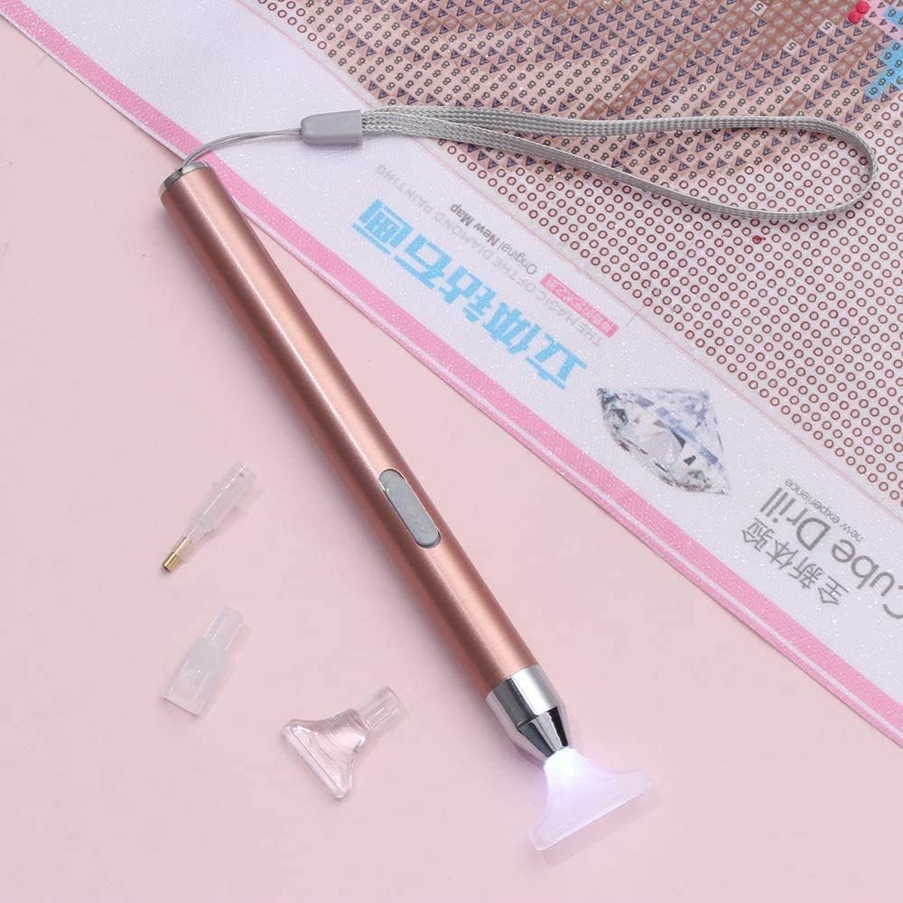 LED Diamond Painting Drill Pen, Upgrade USB Rechargeable Lighting Point Drill Pen, 4 Pen Heads, Storage Bag, Painting Accessories Kits Cross Stitch Tools for DIY Craft (Rose Golden)
