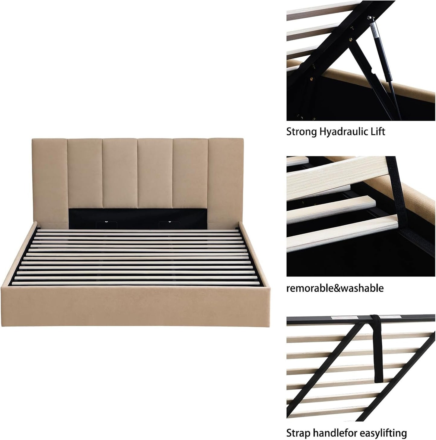 VELOCAVA King Size Lift-Up Storage Bed, Hydraulic Linen Upholstered Bed Frame with Vertical Panel Headboard, Wooden Slat Support, No Box Spring Needed, Easy Assembly, Soft Bed, Beige