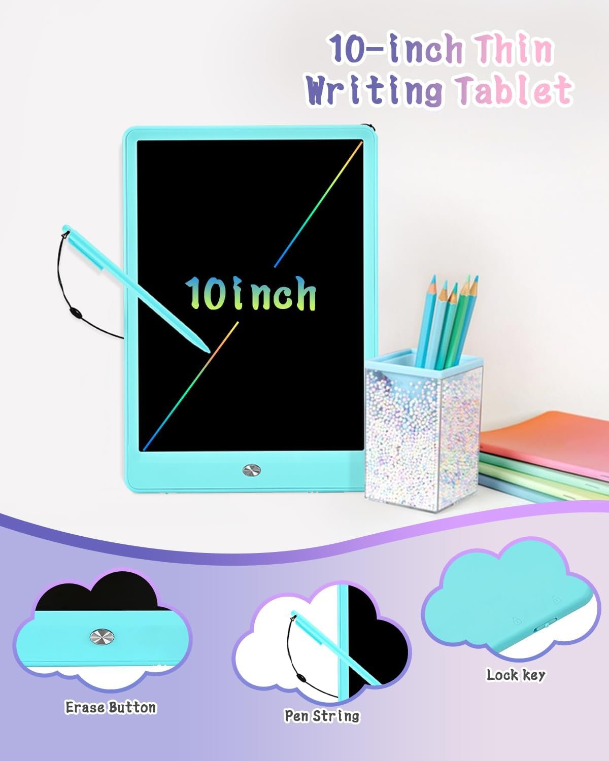 Gifts for Girls Boys, Toddles Colorful Doodle Board Drawing Tablet, 10 inch Writing Board, Educational Learning Toys Travel Gifts for Kids Age 3-9 Years, Kids Toys Portable in Car Airplane