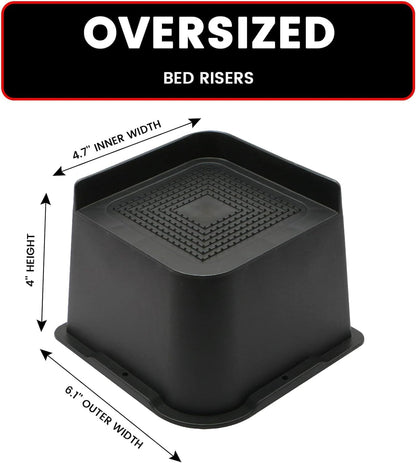 MQFORU Bed Risers 4 inch,L Shape Oversized Furniture Risers,Heavy Duty Support to 6000lbs,Wide Opening Bed Lifts for Bed, Couches, Tables, Desks (Black,4pack)