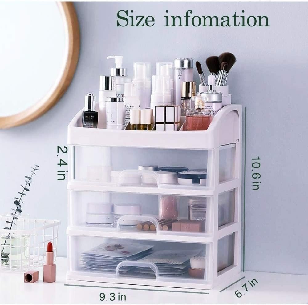 Makeup Organizer with 3 Drawers, Bathroom Vanity Countertop Storage for Cosmetics, Brushes, Lotion, Nail Lipstick and Jewelry (White)