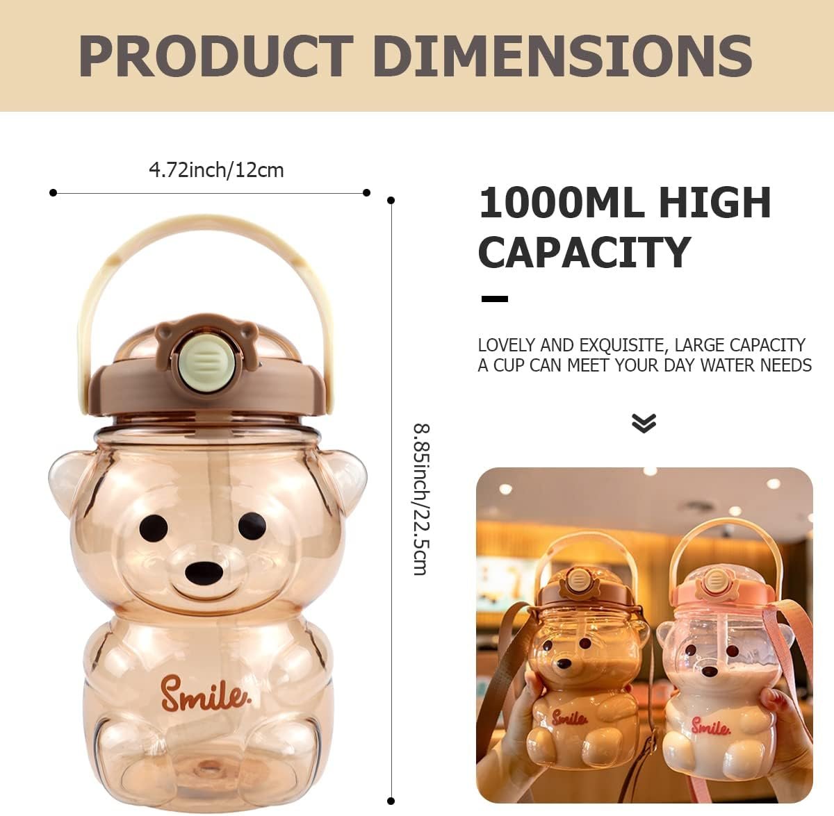 YOLUFER Kawaii Transparent Water Bottle Cute Bear Water Bottles with Straw Water Bottle with Adjustable Shoulder Strap Drinking Cups for Sports Camping Picnic Hiking Travel (35oz) (Coffee)