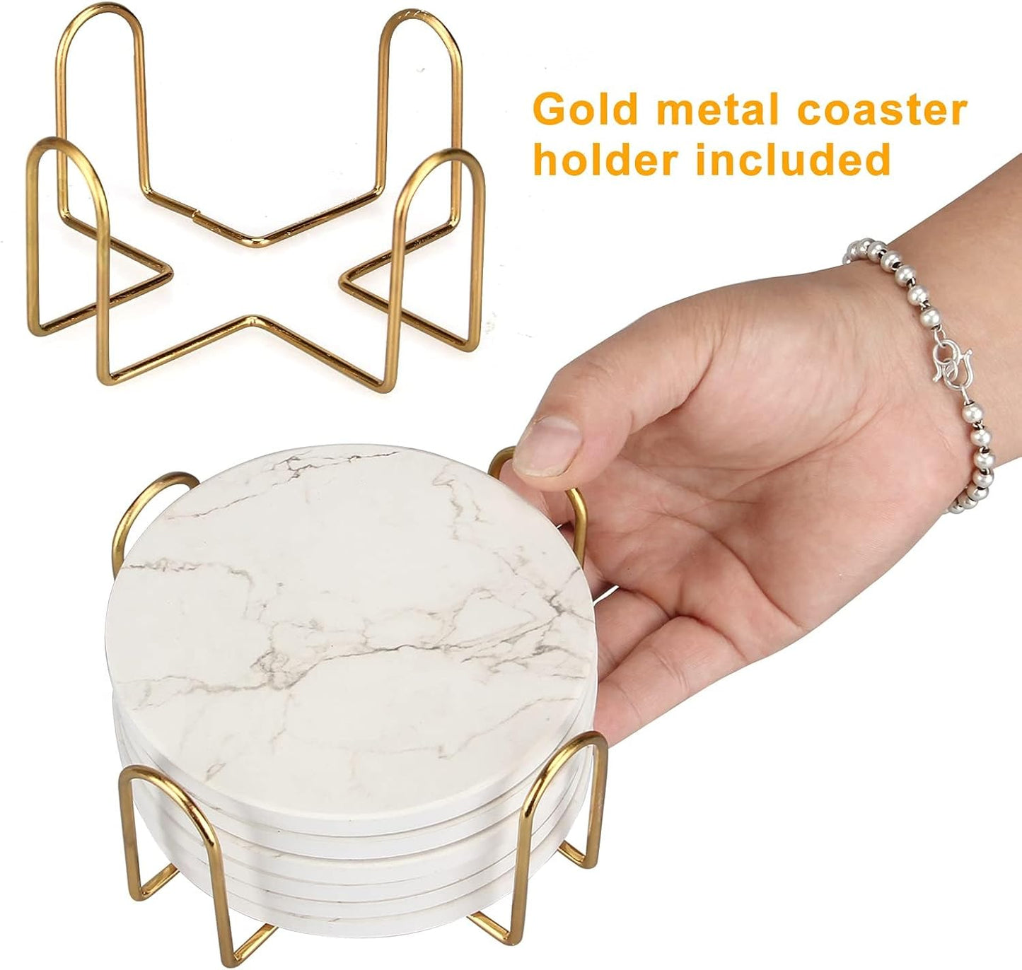 6 Pcs White Marble Coaster Set with Holder Best Absorbent Coasters Drink Stone Coasters Ceramic Wine Coasters Table Cup Coasters