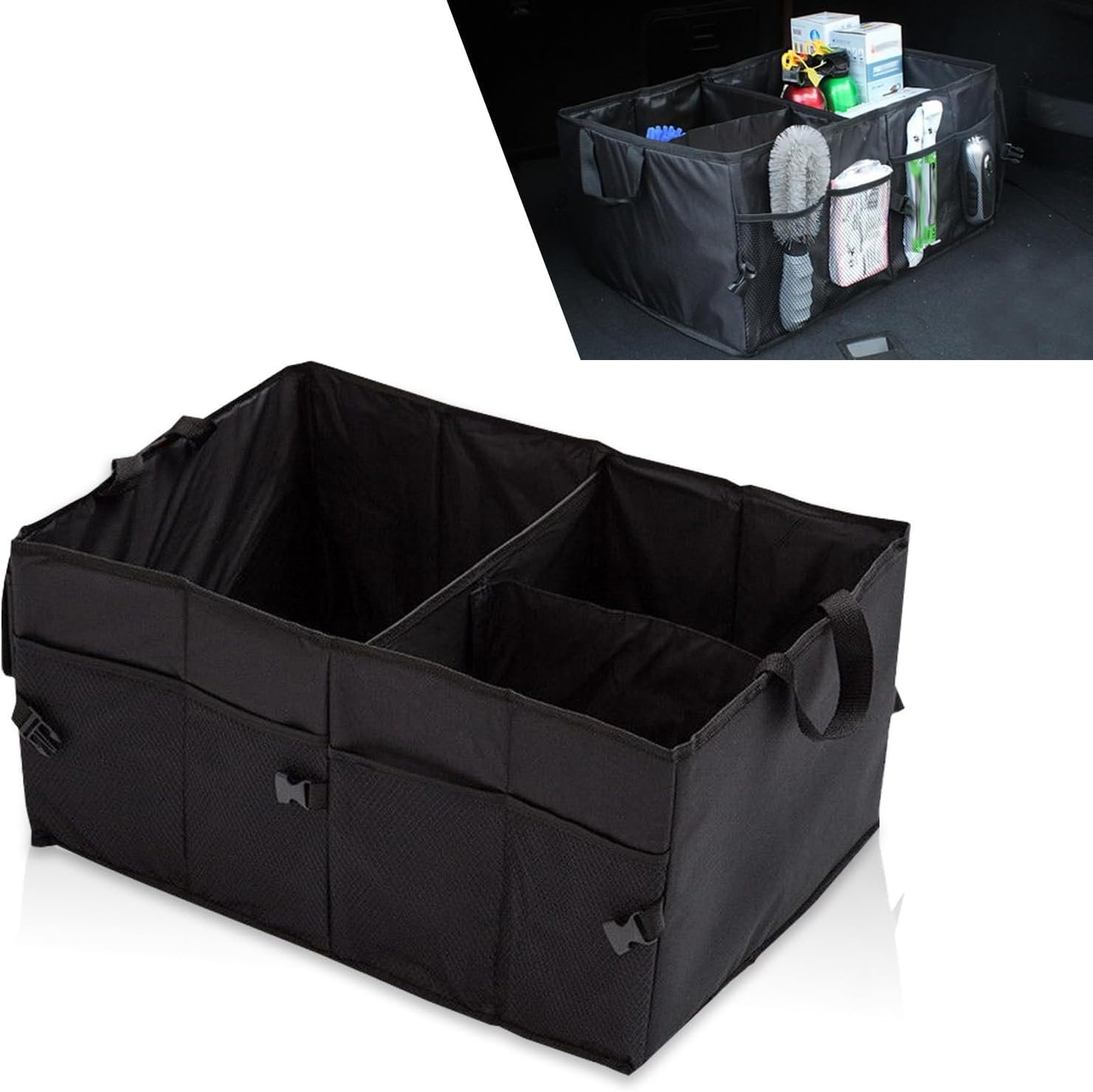 Sinytuto 1 PC Car Trunk Storage Bag, Large Capacity Waterproof Foldable Storage Box, Multi-Compartment Fixed Luggage Storage Bag, Car Storage Accessories, Universal for Most Cars (Black)
