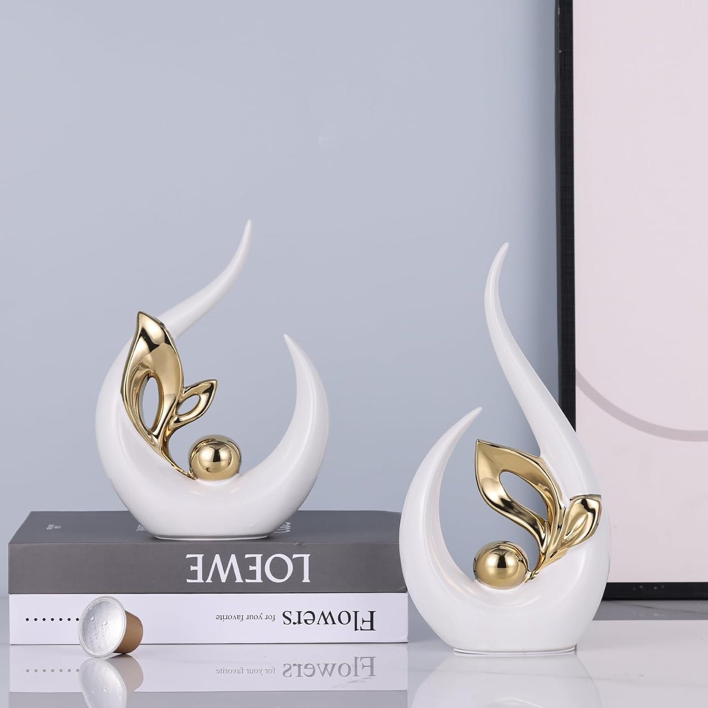 White Gold Abstract Sculptures Home Decor, Ceramic Art Statue Cool Stuff to Put on Shelves&tv Stand Decor, Gold Accent Entertainment Center Decor, Ideal Fireplace Coffee Table Dining Table Decor