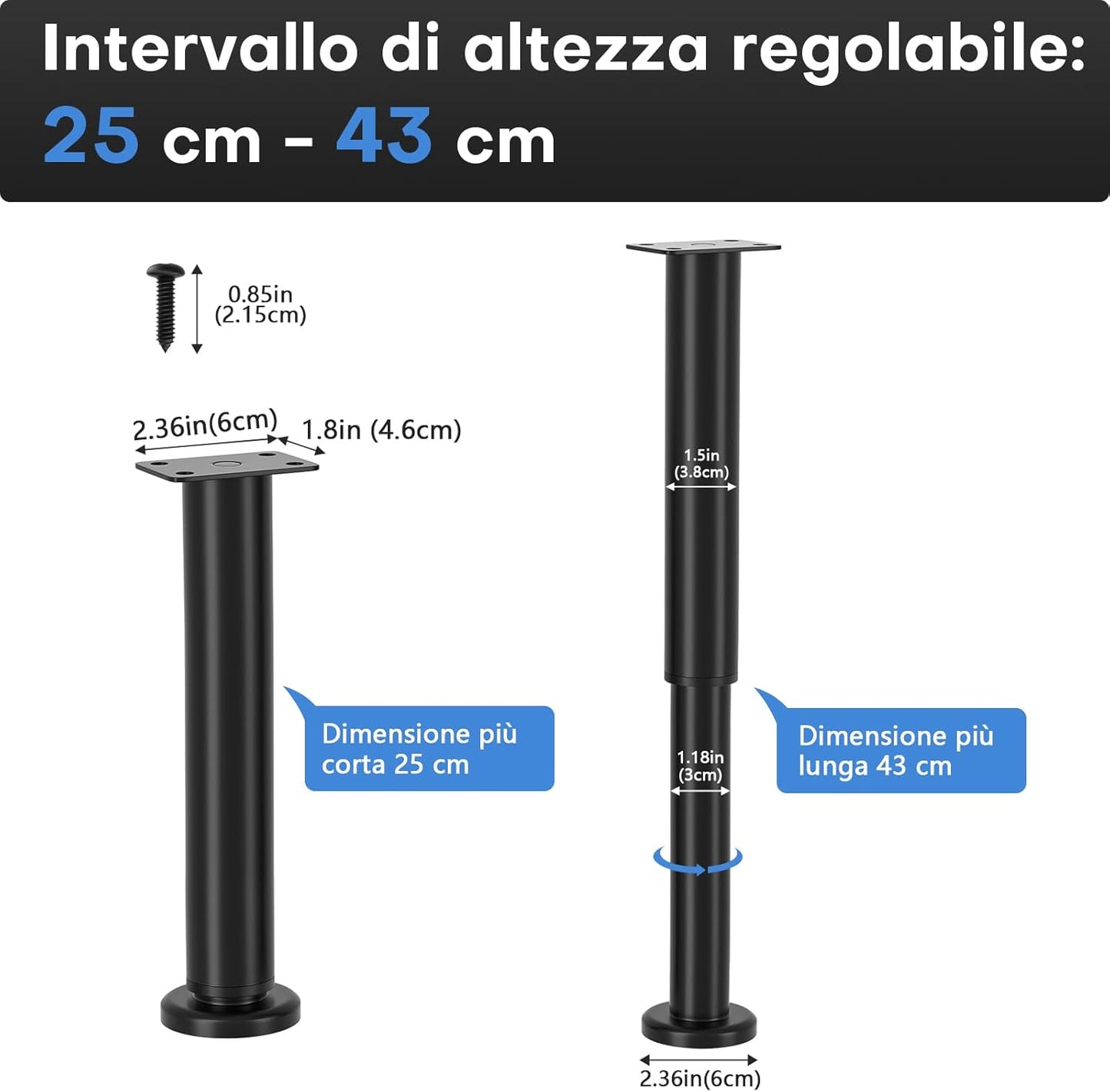 VETIN 4 Pieces Furniture Legs, Furniture Feet Adjustable Height 18-32 cm, Black Metal Support Feet, Furniture Legs for TV Cabinet, Bed, Sofa, Bedside, Bathroom, Cabinet