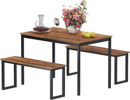 sogesfurniture Dining Table with Two Benches / 3 Piece Set Wood Table Top Sturdy Metal Frame Construction, Dining Table Set for Small Spaces Home Furniture Rectangular Modern, BHCA-CZJYB-yzld01