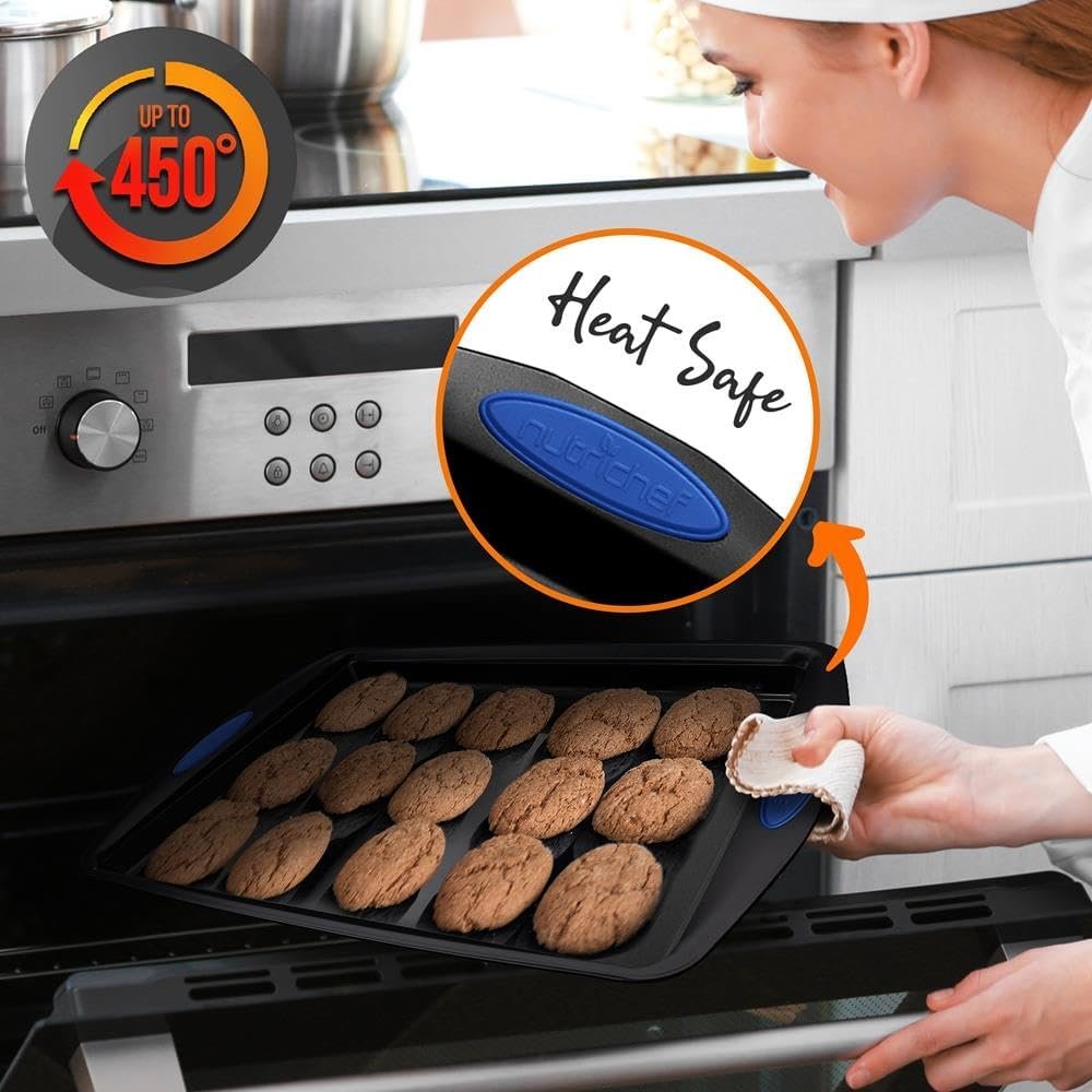 NutriChef Bakeware Set 15-Piece - Nonstick Carbon Steel W/Blue Silicone Handles, Includes 2 Round Pans, 2 Cookie Sheets, 2 Muffin Pans, 2 Loaf Pans, Square Pan, Roaster Pan w/Lid, Nylon Utensils, Gray