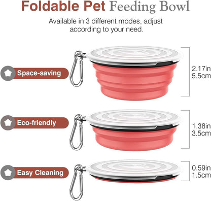 Pawaboo Collapsible Dog Bowls 2 Pack, Silicone Feeding Watering Bowls with Lids & Carabiners for Dogs Cats, Portable Water Feeder Food Bowl for Walking Traveling Home Use, Light Pink + Grey