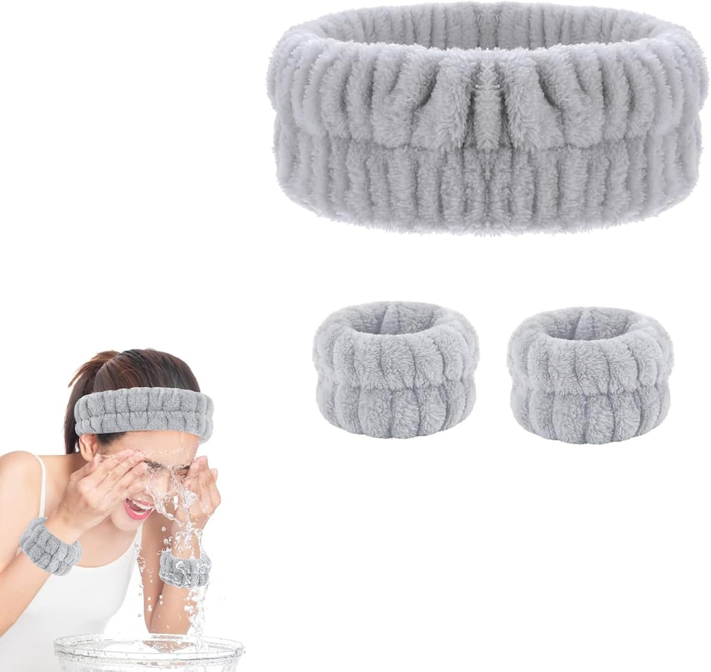 Spa Wristbands Headband Set,3 PCS Spa Headband,Face Wash Headband Wrist Band,Makeup Skincare Headband Wrist Bands,for Face Washing, Spa,Shower, Makeup Removal Hair Accessories(grey)