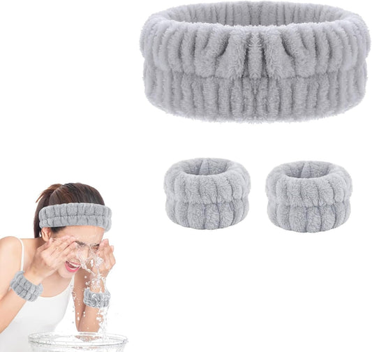 Spa Wristbands Headband Set,3 PCS Spa Headband,Face Wash Headband Wrist Band,Makeup Skincare Headband Wrist Bands,for Face Washing, Spa,Shower, Makeup Removal Hair Accessories(grey)