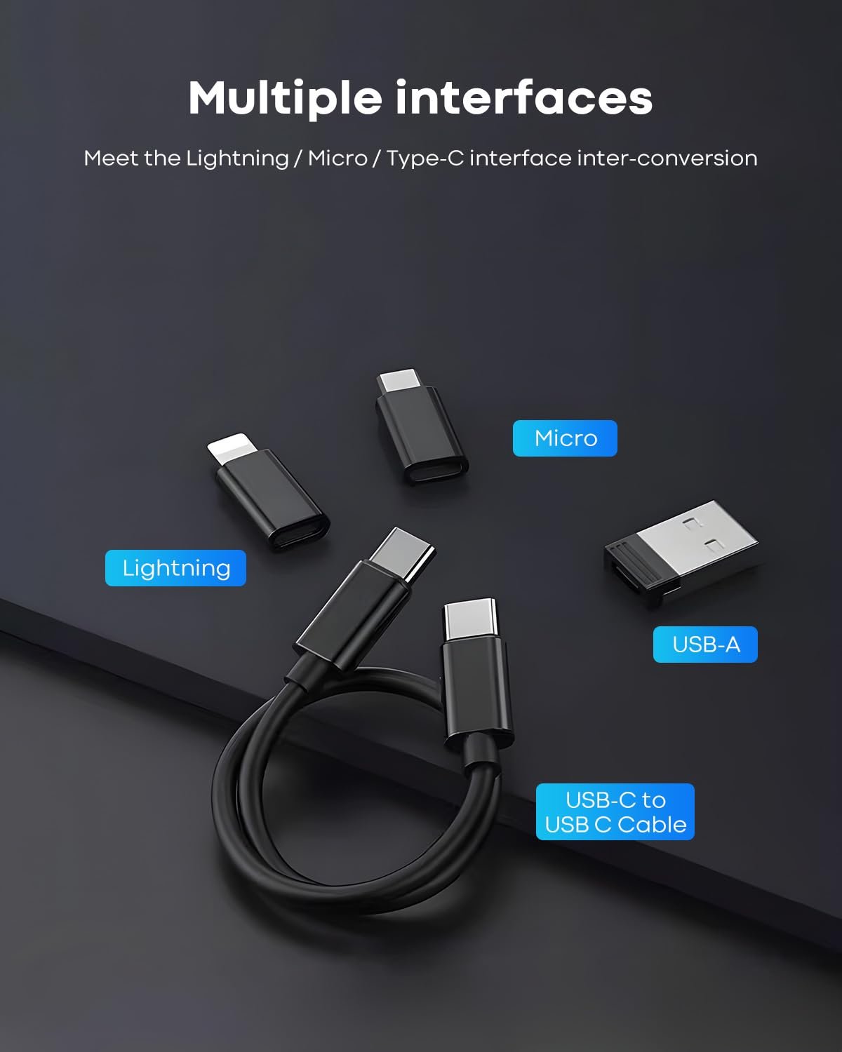 USB Adapter Cable Conversion Storage Box 9 in 1 Cable Case Multi-Type Charging Convertor USB C to Lightning Type C Micro Data Transfer Tool Contains Card Slot Tray Eject Pin, Use as Phone Holder,Black