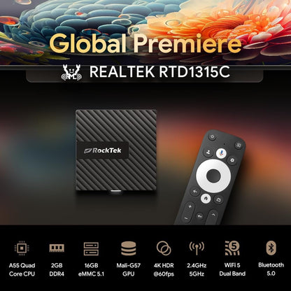 RockTek GB1 (TVDongle) Google TV 4K UHD Streaming Dongle, HDR Dolby Vision Atmos, Voice Remote, Netflix, Prime Video, Disney+, Max, Hulu, Apple TV+, Live