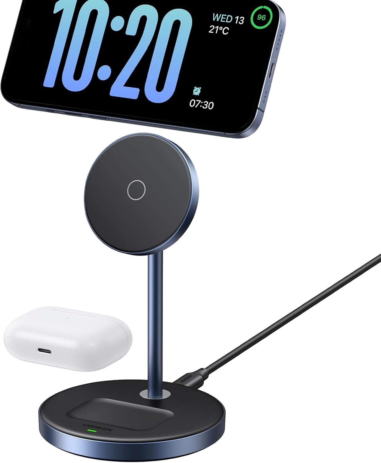 UGREEN 2-in-1 Qi MagFlow Wireless Charger, MagSafe Charging Stand, with 1M USB-C Cable for iPhone 16/15/14/13/12 Series and AirPods Series (No AC Adapter)