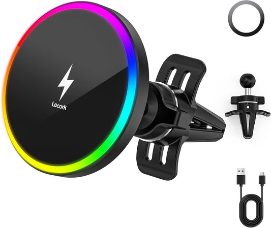 for Magsafe Car Mount Charger, 15W Magnetic Wireless Car Charger for iPhone, Magnetic Air Vent Car Holder Charger for iPhone 16 Pro Max/16/15/14 13 12/Samsung S25/S25+/Ultra, LED RGB Design