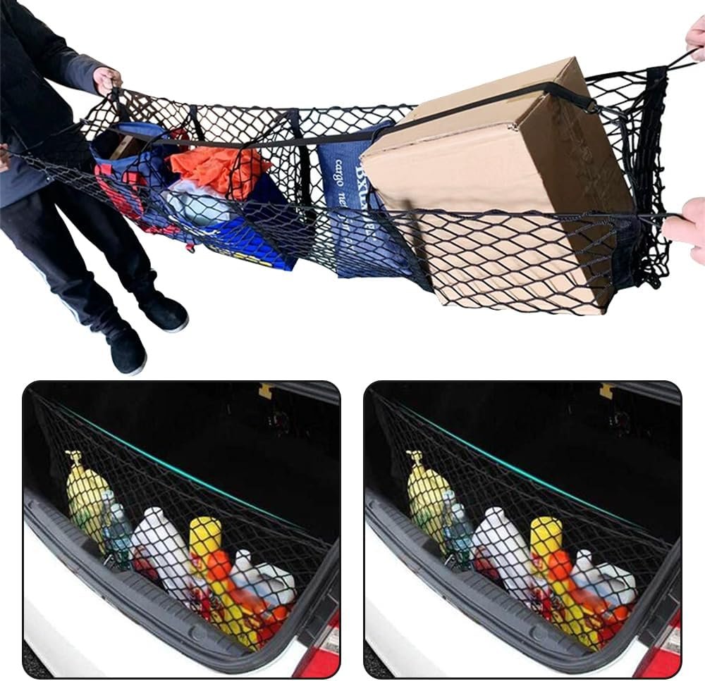 Three Pocket Mesh Storage Net, Mesh Trunk Cargo Net Storage Organizer, Heavy Duty Black Mesh 3 Pocket Trunk Cargo Organizer for Car, Van, SUV Pickup Truck Bed