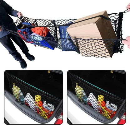 Three Pocket Mesh Storage Net, Mesh Trunk Cargo Net Storage Organizer, Heavy Duty Black Mesh 3 Pocket Trunk Cargo Organizer for Car, Van, SUV Pickup Truck Bed