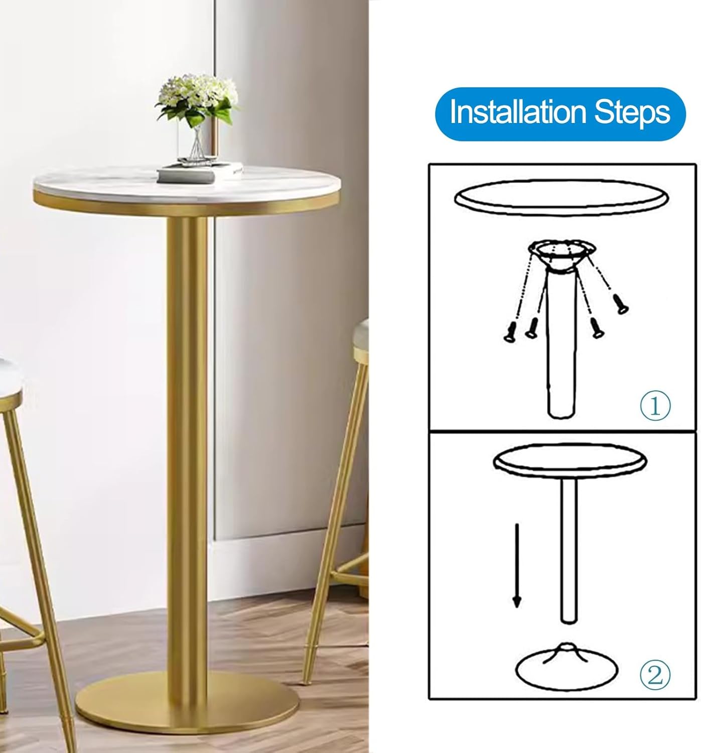 TWHZSAI Round Height Bar Pub Table/with Marble Tabletop And Gold Metal Sturdy Base Indoor-Outdoor Bar Bistro Height Table/Small Breakfast Bar Tall Tables for Kitchen,Dining Room,Living Room(Size:5