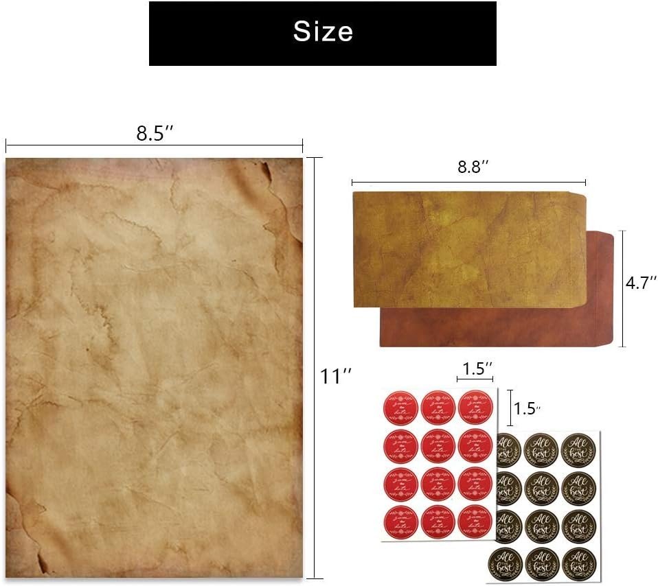 Antique Stationary Paper and Envelopes Set – Vintage Parchment Paper Old Fashioned Letter Stationery for Printing, Invitation and Calligraphy – 48 Writing Paper with 24 Envelopes Included
