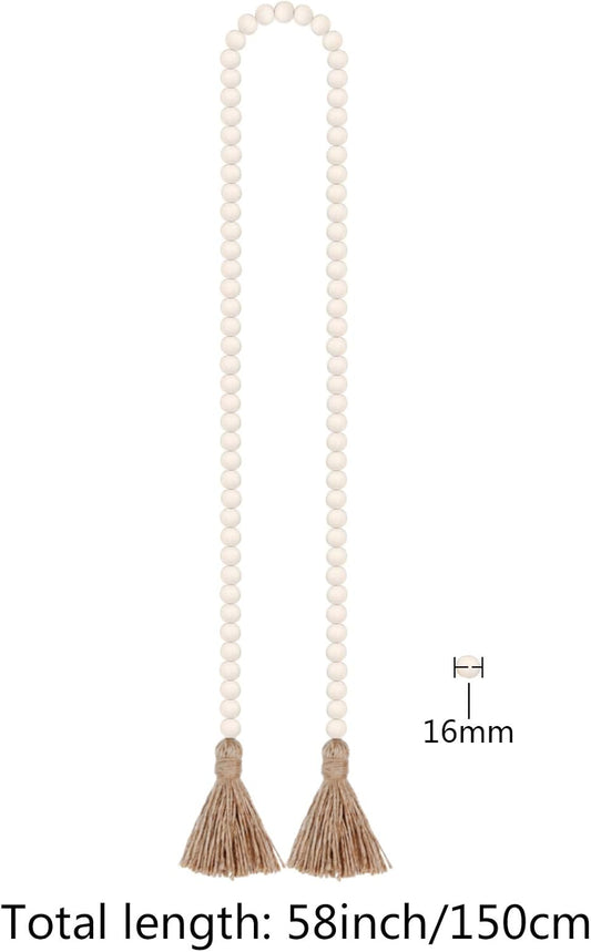 58in Wood Bead Garland with Tassels, Farmhouse Rustic Country Decor Prayer Boho Wall Hanging Decoration (Nature)