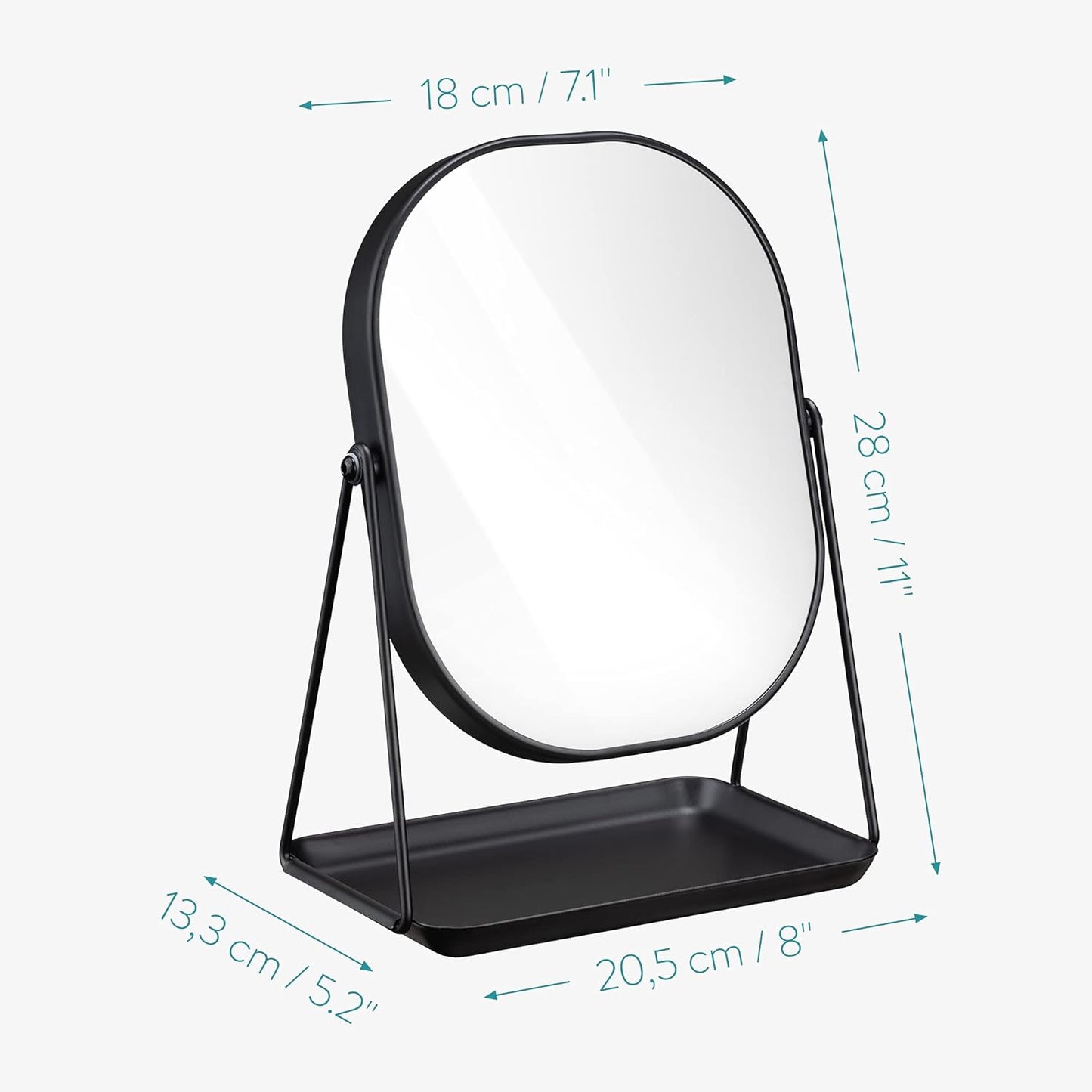 Navaris Makeup Mirror with Jewellery Box – Oval Make-Up Cosmetic Mirror 18 x 22.5 cm – 360° Swivel with Jewellery Tray – Black Design