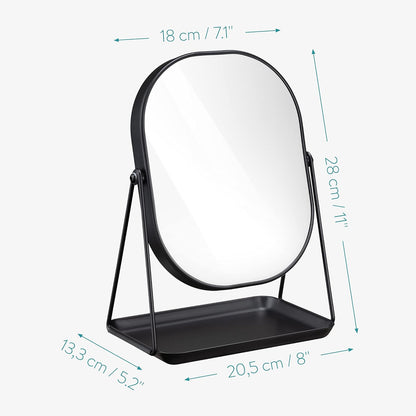 Navaris Makeup Mirror with Jewellery Box – Oval Make-Up Cosmetic Mirror 18 x 22.5 cm – 360° Swivel with Jewellery Tray – Black Design