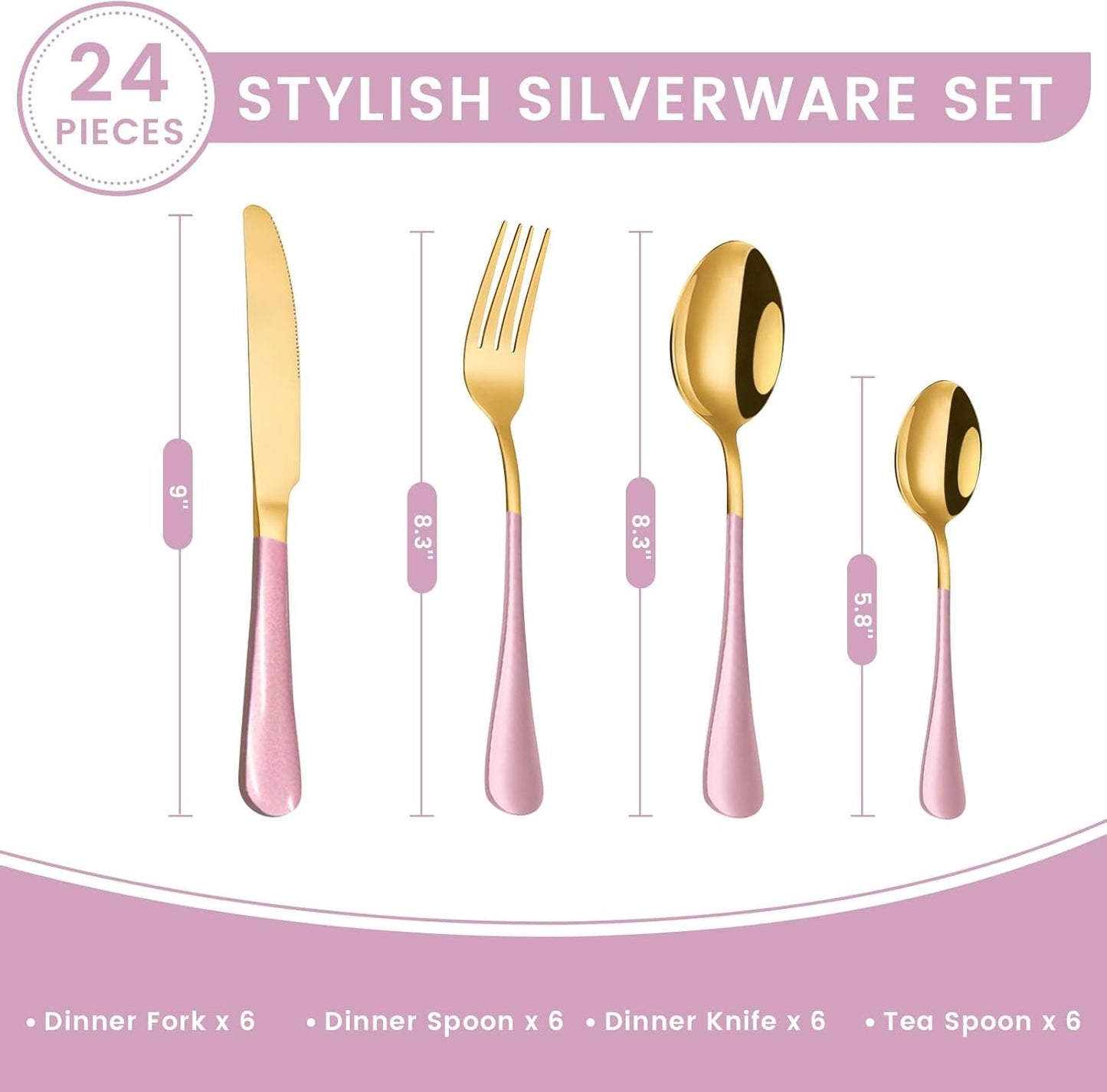 24-Piece Flatware Set with Organizer, Heavy Duty Stainless Steel Silverware for 6, Pink Cutlery Utensil Sets with Antiskid Handle, Rust-Proof Cutlery with Mirror Polished (Pink)