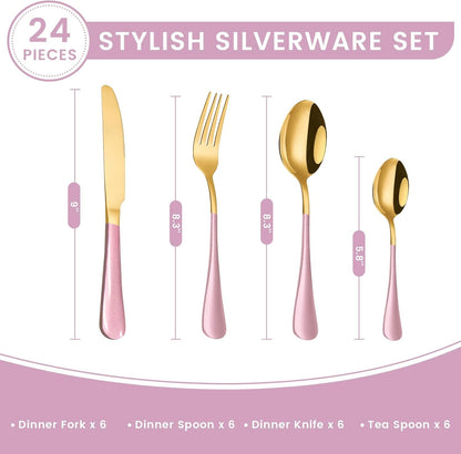 24-Piece Flatware Set with Organizer, Heavy Duty Stainless Steel Silverware for 6, Pink Cutlery Utensil Sets with Antiskid Handle, Rust-Proof Cutlery with Mirror Polished (Pink)