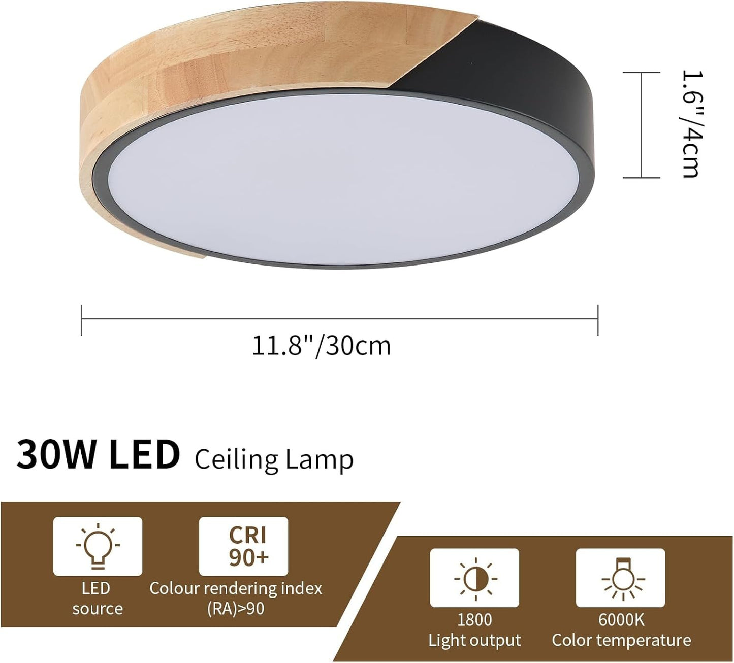 ZAITINZ LED Ceiling Lights,Black Modern Flush Mount Lighting Fixture,Round Shaped Wood Ceiling Lighting,24W,6500K Cool White,Ã˜30cm