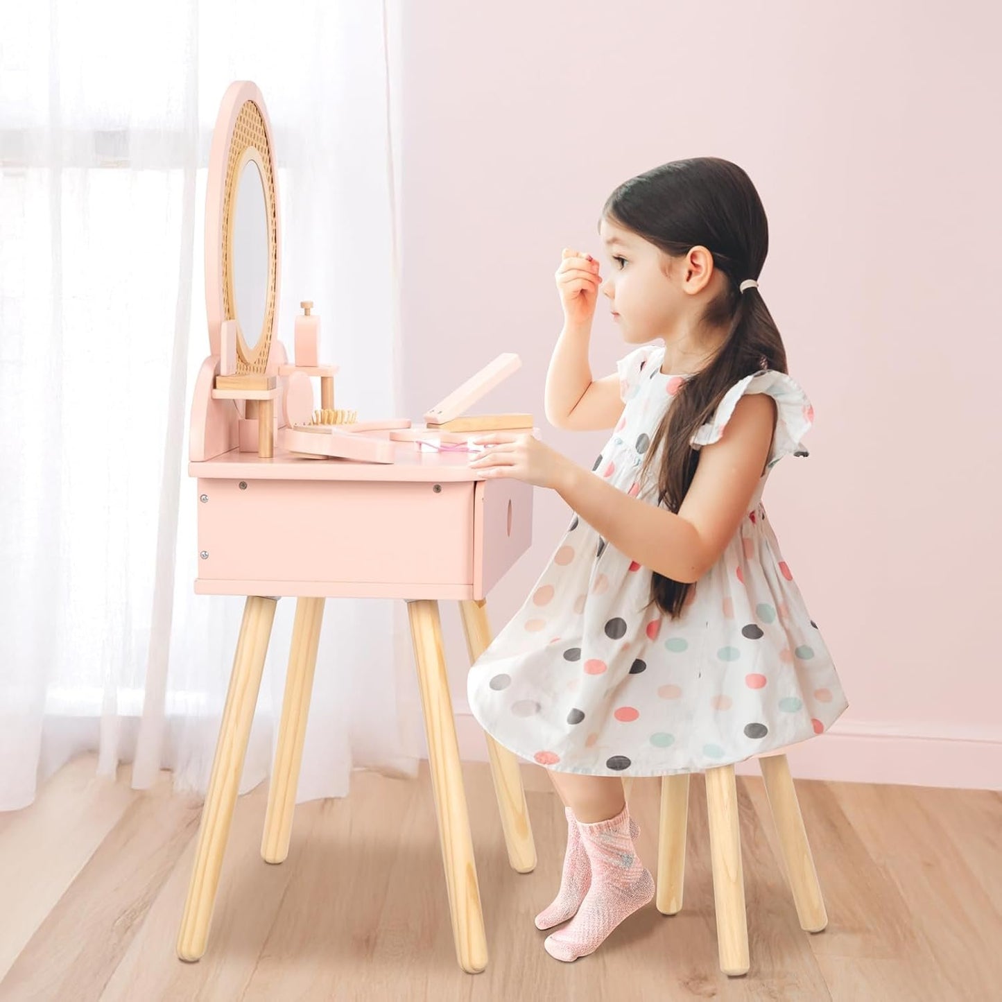OOOK Kids Vanity Table and Chair Set, Pink Girls Vanity with 11 Pcs Accessories, Enough for Real and Pretend Makeup, Toddler Vanity for 3 Year Old and Up as Ideal Gift