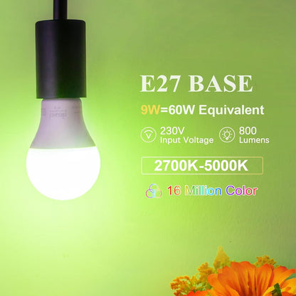 DiCUNO Smart Bulb, E27 Smart Light Bulb, 9W 800LM, 60W Equivalent, Multicolour, Compatible with Alexa and Google Home, RGBCW WiFi LED Lamp, Dimmable, No Hub Required, 1-Pack