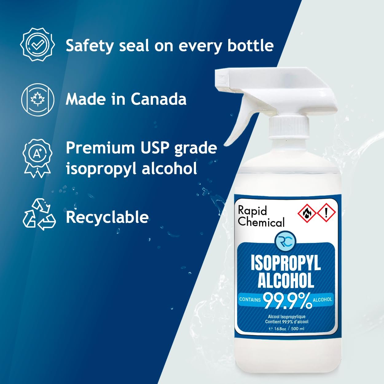 Isopropyl Alcohol Spray 99.9% - Rubbing Alcohol 99 Percent - 500ml - USP Grade - Made in Canada by Rapid Protectant (1 Bottle, 500ml)