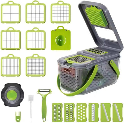 Supreme Kitchen 22 in 1 Multifunctional Veggie Chopper with Storage Container, Finger Protector, Cleaning Brush, Drain Strainer Green and Grey