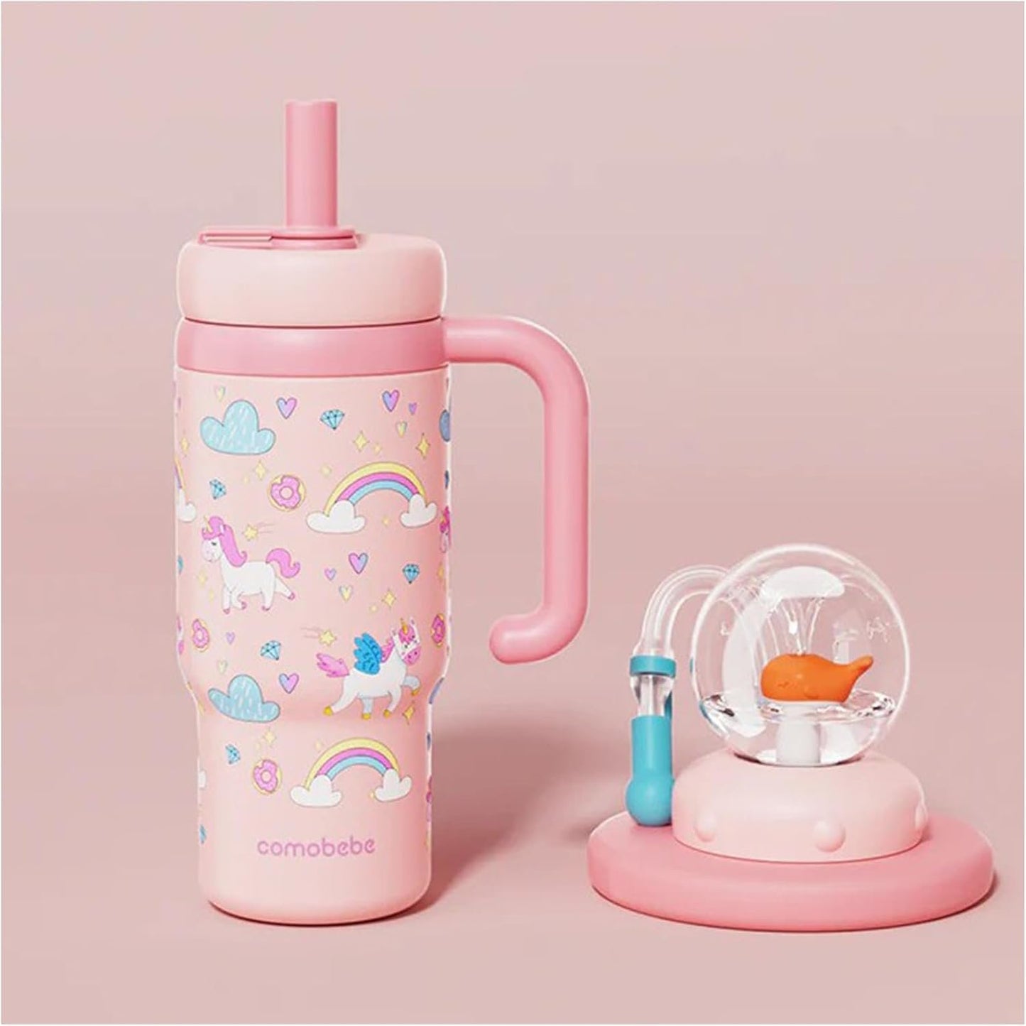 Whale Fountain Tumbler, Comobebe 24oz Stainless Steel Whale Fountain Tumbler with Handle, Drinking Cup with Whale Squirt, Spill-Proof, Leak-Proof Screw-On Lid (Sticker type-peach)