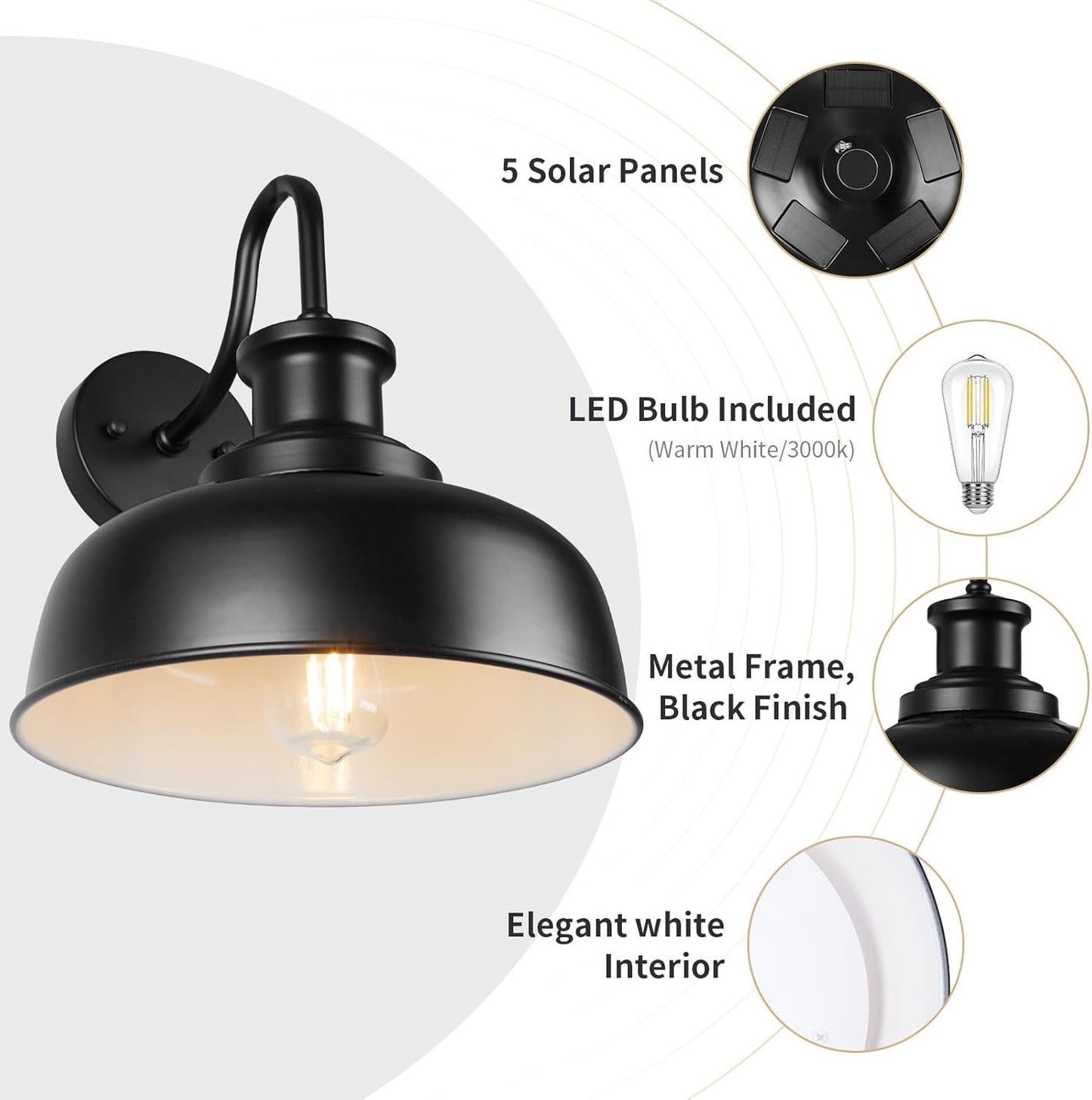 Diyel Solar Barn Light for Outside, Gooseneck Outdoor Wall Lights Solar Powered, Farmhouse Exterior Wall Sconce, Industrial Outside Lighting Fixture, Rustic Lantern for Garage, Barn, Shed, RZSR007